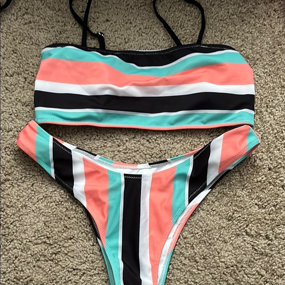 Cupshe Striped Bikini Set in Coral, Mint, and Black, NWOT